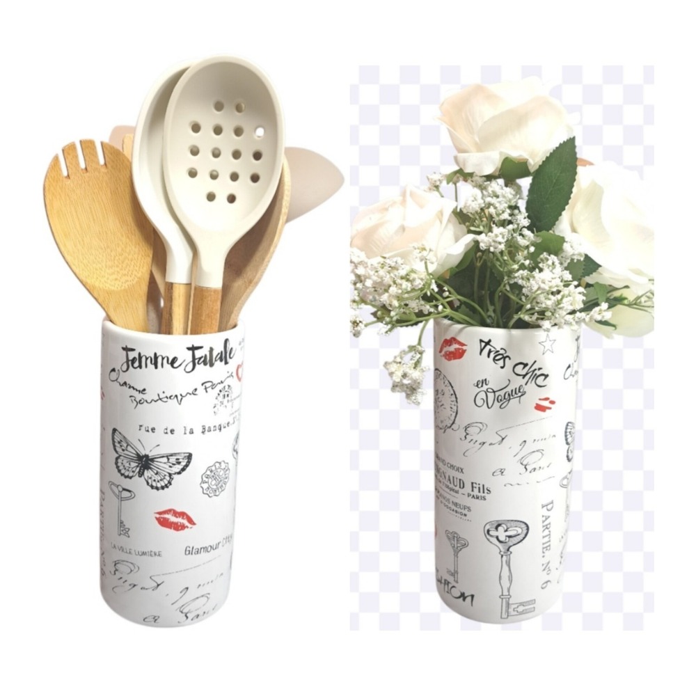 Vintage Style Ceramic Vase/Utensil‎ Holder White/Black 7.5 Inches Tall Multi-Use